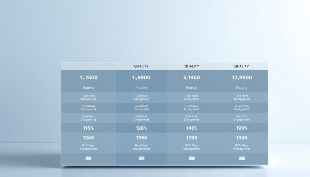 A detailed comparison of IPTV subscription plans, showcasing their relative pricing and quality. A pristine, minimalist table or grid layout, with clear icons and metrics for each plan. Sleek, modern style with muted color palette of blues, grays, and whites. Precise, technical lighting accentuates the clean, data-driven presentation. A subtle background gradient or textured surface adds depth and visual interest, without distracting from the main content. The overall composition should convey a sense of clarity, professionalism, and utility - providing the viewer with a concise, at-a-glance understanding of the IPTV subscription landscape. A detailed comparison of IPTV subscription plans, showcasing their relative pricing and quality. A pristine, minimalist table or grid layout, with clear icons and metrics for each plan. Sleek, modern style with muted color palette of blues, grays, and whites. Precise, technical lighting accentuates the clean, data-driven presentation. A subtle background gradient or textured surface adds depth and visual interest, without distracting from the main content. The overall composition should convey a sense of clarity, professionalism, and utility - providing the viewer with a concise, at-a-glance understanding of the IPTV subscription landscape.