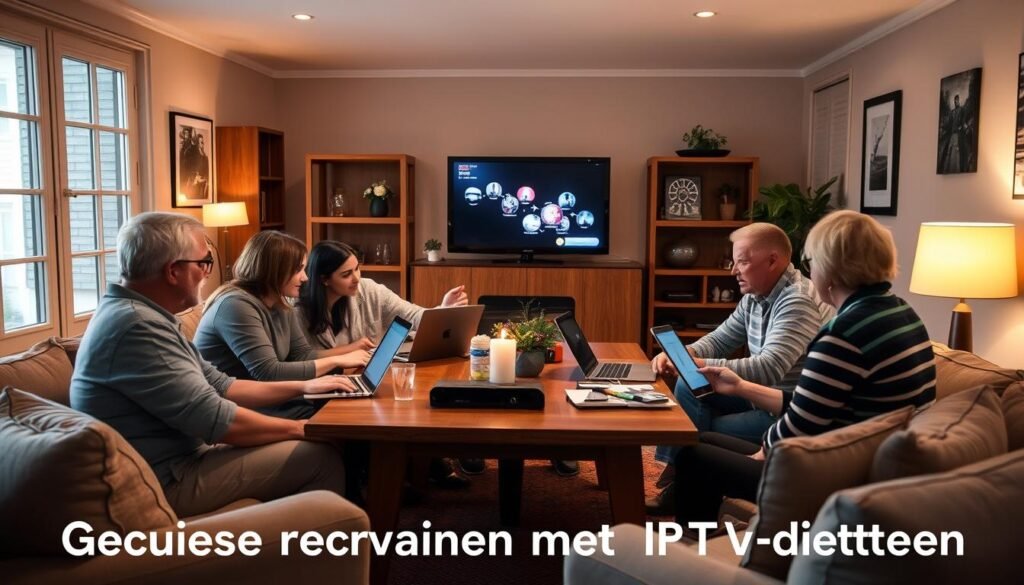A group of people sitting around a table, discussing and reviewing IPTV services. The scene is set in a cozy, well-lit living room, with warm lighting and a mix of modern and vintage furnishings. The participants are engaged in lively conversation, laptops and tablets in hand, as they share their experiences and opinions on the various IPTV providers available. The atmosphere conveys a sense of community, trust, and informed decision-making, reflecting the title "Gebruikerservaringen met IPTV-diensten".