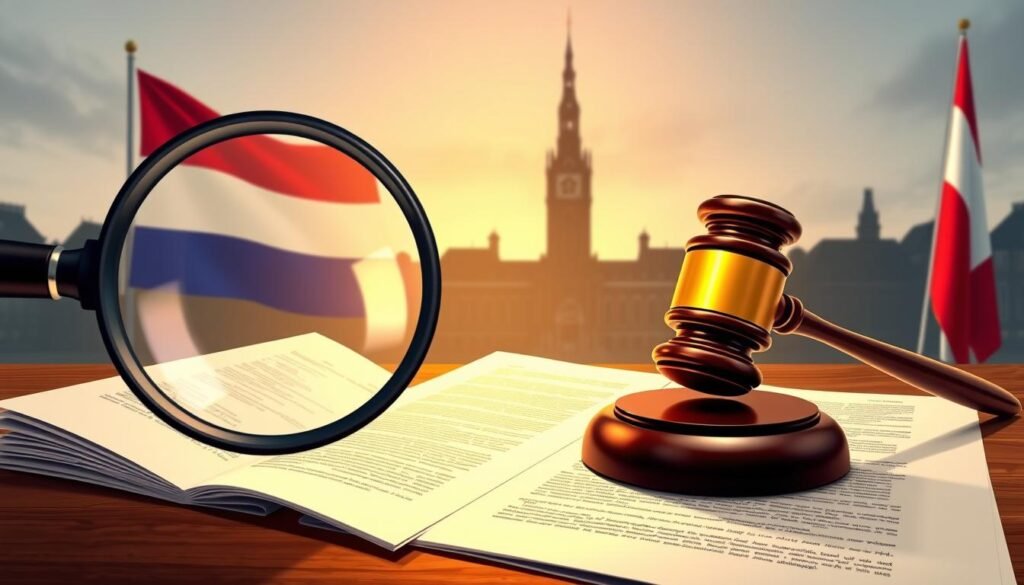 A high-resolution digital illustration depicting the legal framework surrounding IPTV in the Netherlands. In the foreground, a magnifying glass hovers over official-looking legal documents, casting a warm, focused light. In the middle ground, a gavel sits atop a wooden desk, symbolizing the judicial process. In the background, the Dutch flag and the silhouette of the Binnenhof, the seat of the Dutch government, create a sense of national context. The overall scene conveys a serious, authoritative tone, reflecting the importance of the legal aspects of IPTV in the Netherlands.