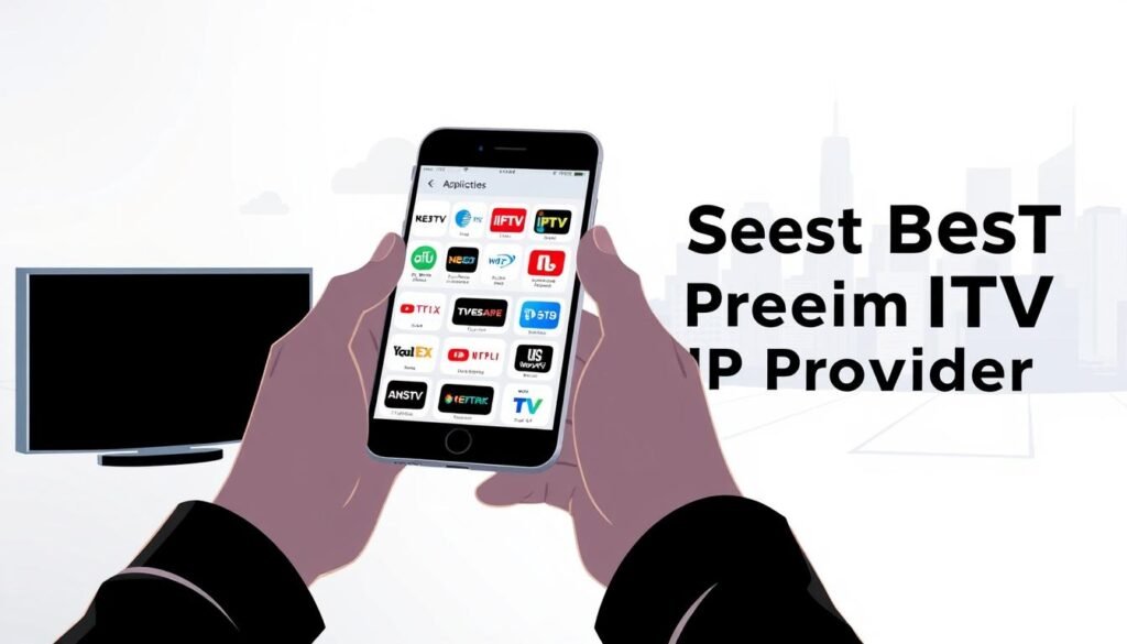 A modern and minimalist illustration showcasing the process of selecting the best premium IPTV provider. In the foreground, a person's hands are holding a smartphone, the screen displaying a grid of various IPTV service icons. The middle ground features a clean, white background with subtle geometric shapes and patterns, creating a sense of organization and professionalism. The background depicts a cityscape with high-rise buildings, subtly hinting at the urban, technological environment in which IPTV services thrive. The lighting is soft and diffused, creating a calming, contemplative atmosphere as the viewer focuses on the decision-making process. The overall composition and color palette convey a sense of clarity, reliability, and the thoughtful consideration required when choosing a premium IPTV provider. A modern and minimalist illustration showcasing the process of selecting the best premium IPTV provider. In the foreground, a person's hands are holding a smartphone, the screen displaying a grid of various IPTV service icons. The middle ground features a clean, white background with subtle geometric shapes and patterns, creating a sense of organization and professionalism. The background depicts a cityscape with high-rise buildings, subtly hinting at the urban, technological environment in which IPTV services thrive. The lighting is soft and diffused, creating a calming, contemplative atmosphere as the viewer focuses on the decision-making process. The overall composition and color palette convey a sense of clarity, reliability, and the thoughtful consideration required when choosing a premium IPTV provider.