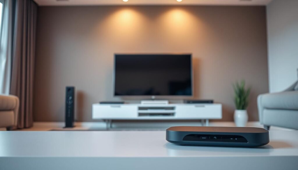 A modern home interior with a sleek entertainment setup. In the foreground, an IPTV streaming device is prominently displayed, its smooth black casing and simple remote control suggesting an intuitive user experience. The middle ground showcases a large, high-definition TV screen, its crisp image captivating the viewer. Behind it, a minimalist media console houses various electronics, creating a cohesive and visually appealing arrangement. Soft, indirect lighting illuminates the space, casting a warm, inviting glow and highlighting the clean, contemporary design. The overall atmosphere conveys a sense of technological sophistication and seamless home entertainment integration. A modern home interior with a sleek entertainment setup. In the foreground, an IPTV streaming device is prominently displayed, its smooth black casing and simple remote control suggesting an intuitive user experience. The middle ground showcases a large, high-definition TV screen, its crisp image captivating the viewer. Behind it, a minimalist media console houses various electronics, creating a cohesive and visually appealing arrangement. Soft, indirect lighting illuminates the space, casting a warm, inviting glow and highlighting the clean, contemporary design. The overall atmosphere conveys a sense of technological sophistication and seamless home entertainment integration.