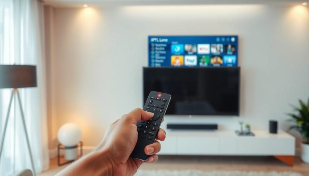 A modern, minimalist living room with a sleek, wall-mounted TV display. The TV screen shows a crisp, clean IPTV user interface with various channel options. In the foreground, a hand holding a modern, slim remote control with minimal buttons. The room is bathed in warm, diffused lighting, creating a cozy, inviting atmosphere. The overall scene conveys the convenience and simplicity of IPTV, as well as the integration of this technology into a contemporary home environment.