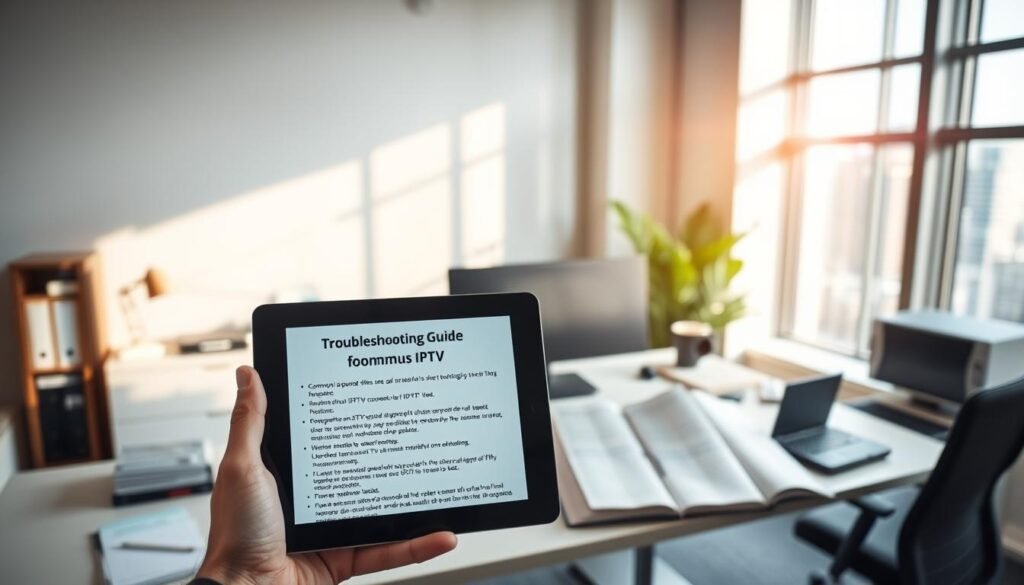A modern office interior with a large desk, desktop computer, and various office supplies. In the foreground, a hand holds a tablet displaying a troubleshooting guide for common IPTV issues. The middle ground features an open notebook with handwritten notes, and the background showcases a window with a cityscape outside, creating a professional and informative atmosphere. The lighting is bright and natural, with a warm color temperature. The camera angle is slightly elevated, providing a clear view of the scene. A modern office interior with a large desk, desktop computer, and various office supplies. In the foreground, a hand holds a tablet displaying a troubleshooting guide for common IPTV issues. The middle ground features an open notebook with handwritten notes, and the background showcases a window with a cityscape outside, creating a professional and informative atmosphere. The lighting is bright and natural, with a warm color temperature. The camera angle is slightly elevated, providing a clear view of the scene.