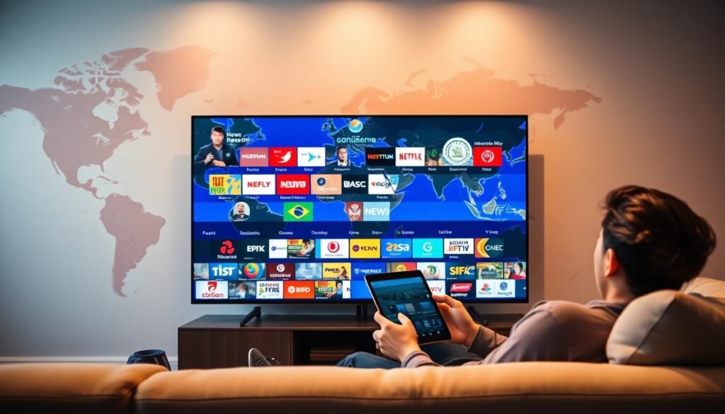A vast world map fills the background, showcasing the global reach of international streaming channels. In the foreground, a stylish home entertainment setup features a sleek smart TV, its screen displaying a vibrant array of international news, sports, and entertainment channels. The middle ground features a person comfortably lounging on a modern sofa, tablet in hand, effortlessly browsing and selecting from the vast selection of global IPTV content. Soft, warm lighting illuminates the scene, creating a cozy, inviting atmosphere. The overall composition conveys the convenience, accessibility, and diversity of international streaming, perfect for illustrating the benefits of this global entertainment experience. A vast world map fills the background, showcasing the global reach of international streaming channels. In the foreground, a stylish home entertainment setup features a sleek smart TV, its screen displaying a vibrant array of international news, sports, and entertainment channels. The middle ground features a person comfortably lounging on a modern sofa, tablet in hand, effortlessly browsing and selecting from the vast selection of global IPTV content. Soft, warm lighting illuminates the scene, creating a cozy, inviting atmosphere. The overall composition conveys the convenience, accessibility, and diversity of international streaming, perfect for illustrating the benefits of this global entertainment experience.